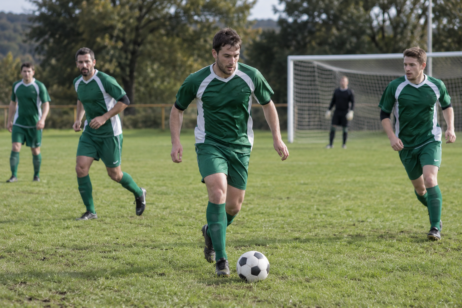 A footballer advancing with the ball, with teammates on the pitch behind him.